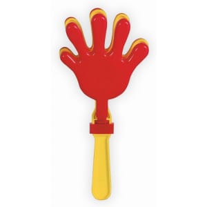 A hand clapper with a red and yellow design, featuring an oversized hand shape on a stick.