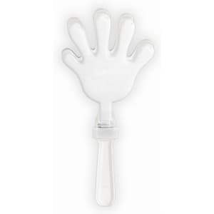 A white hand-shaped clapper with a transparent handle, featuring a simple logo on it.