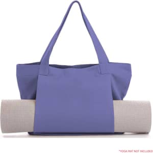 A lavender yoga mat canvas bag featuring sturdy handles, holding a rolled yoga mat. Includes a logo on the bag.