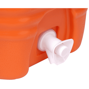 An orange water dispenser cooler box featuring a white tap for dispensing water.