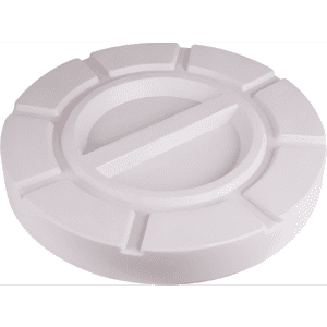 A round, white product featuring a raised design, possibly a lid or cover, with a smooth surface.