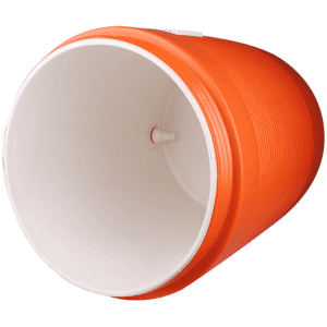 An orange water dispenser cooler box with a white interior, featuring a spout and a textured exterior.