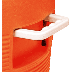 An orange water dispenser cooler box featuring a white handle for easy carrying. It includes a logo.