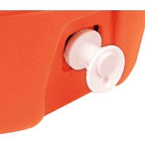 An orange 28L water dispenser cooler box with a white tap for easy pouring. It features a smooth textured surface and a logo.