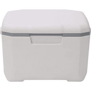 A white 6L cooler box with a grey trim and a smooth, streamlined design. It features a simple logo on the side.