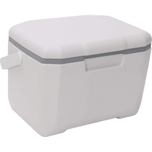 A white 6L cooler box with a grey band and a side handle for easy transport. It has a simple, rectangular design.