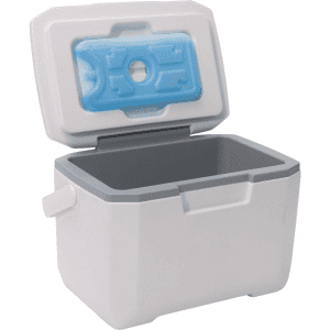 A white 6L cooler box with a grey rim and an open lid, featuring a blue ice pack inside.