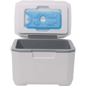 A 6L cooler box in white with a grey interior and a blue ice pack inside. It has a lid that opens from the top.