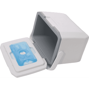 A white and grey 6L cooler box with a removable gel pack, featuring a lid that opens for access to the inside.