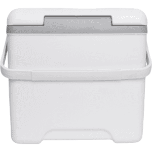 A white 13L cooler box with a grey lid and a handle for easy carrying. Contains a logo on the side.