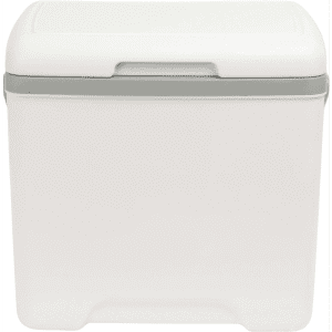 A white 13L cooler box with a grey handle, featuring a simple design and a smooth surface.