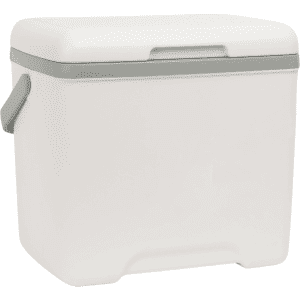 A 13L cooler box in white with a grey lid and handle, featuring a logo.