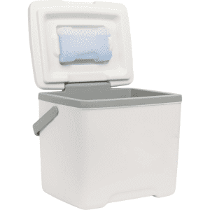 A white 13L cooler box with a grey handle and a lid, featuring a blue ice pack inside.