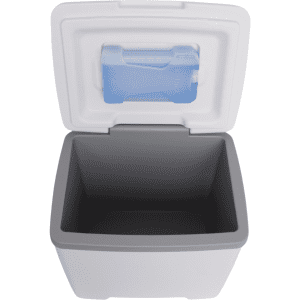 A 13L cooler box in grey and white, featuring a removable ice pack inside. It has a logo on the exterior.