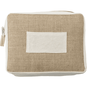 A jute cosmetic bag with a natural brown and cream design, featuring a simple logo on the front.