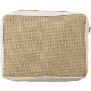 A jute cosmetic bag featuring a tan woven texture with a light cream base and a zip closure.