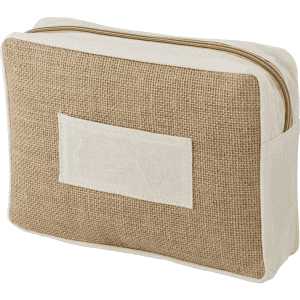 A jute cosmetic bag in a natural brown and cream colour, featuring a zip closure and a blank front panel.