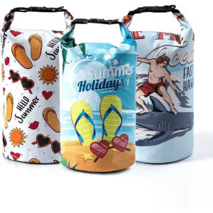 Three 5L sublimated waterproof dry bags featuring vibrant summer-themed designs in various colours. Each bag has a black strap and logo.