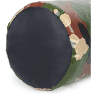 A waterproof dry bag in camouflage design with a dark base and a solid top. It features a logo.