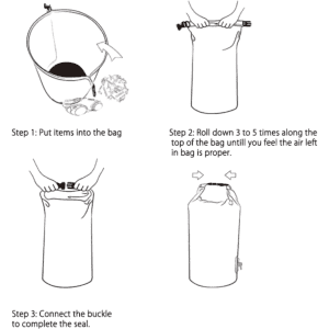 Instructions for a waterproof dry bag featuring a roll-top closure and buckle. Includes diagrams in black and white.