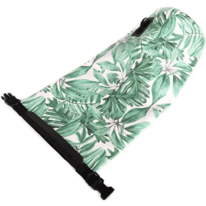 A waterproof dry bag featuring a green leaf pattern and a black strap, designed for outdoor activities.