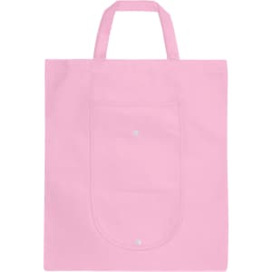 A pink foldable non-woven shopping bag with two handles and a front pocket, featuring a logo.