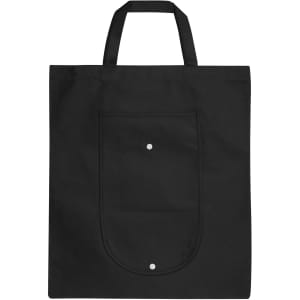 A foldable non-woven shopping bag in black with a front pocket and two handles. It features a logo.