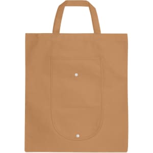 A foldable non-woven shopping bag in a tan colour, featuring a front pocket and handles. It has a small logo.