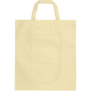 A foldable non-woven shopping bag in light yellow, featuring two handles and a front pocket. It includes a logo.