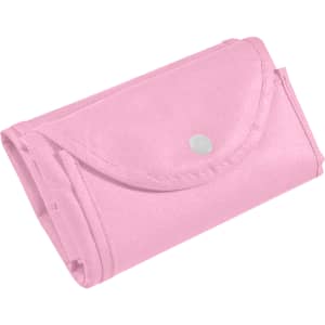 A foldable non-woven shopping bag in pink, compactly folded with a snap closure and featuring a logo.