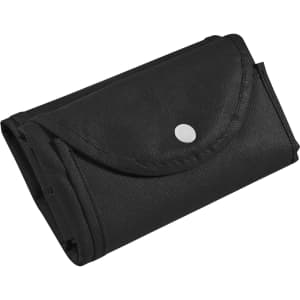 A foldable black non-woven shopping bag with a snap closure, featuring a simple design and a logo.
