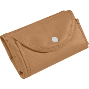 A folded brown non-woven shopping bag with a snap closure, featuring a simple design and a logo.
