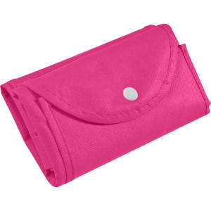 A foldable non-woven shopping bag in vibrant pink, featuring a snap closure and compact design. It has a logo.