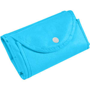 A foldable non-woven shopping bag in bright blue, secured with a snap button, compactly folded.