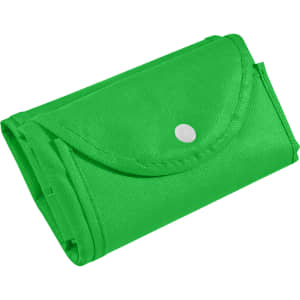 A foldable non-woven shopping bag in vibrant green, neatly rolled with a snap closure.