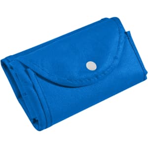 A foldable non-woven shopping bag in bright blue, neatly folded and secured with a snap closure.