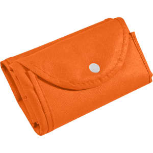 An orange foldable non-woven shopping bag, compactly folded and secured with a snap closure.