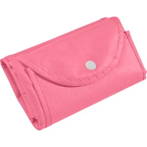A pink foldable non-woven shopping bag neatly secured with a snap button. It has a simple, compact design.