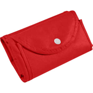 A red foldable non-woven shopping bag, neatly folded and secured with a button. It has a simple logo.