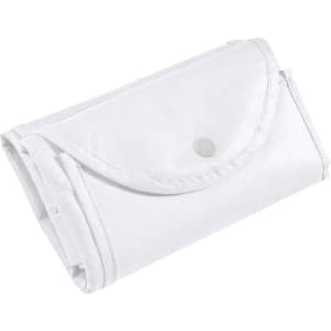 A white foldable non-woven shopping bag, neatly folded and secured with a snap closure, featuring a logo.