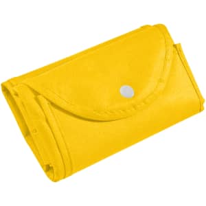 A foldable, yellow non-woven shopping bag, secured with a snap closure, with a simple design.