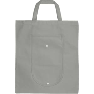 A foldable grey non-woven shopping bag with two handles and a front pocket, featuring a logo.