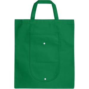 A green foldable non-woven shopping bag with an exterior pocket and two handle straps. Features a logo.