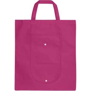 A bright pink foldable non-woven shopping bag featuring a pocket and sturdy handles. It includes a logo on the front.