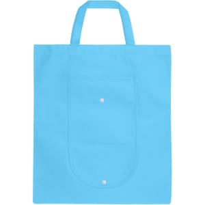 A blue foldable non-woven shopping bag with two handles and a front pocket. It features a logo on the front.