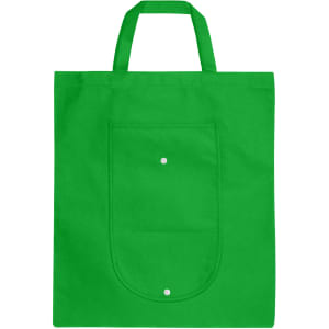 A green foldable non-woven shopping bag with two handles and a front pocket. It has a logo on the front.