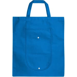 A blue foldable non-woven shopping bag with two handles and a front pocket, featuring a logo.