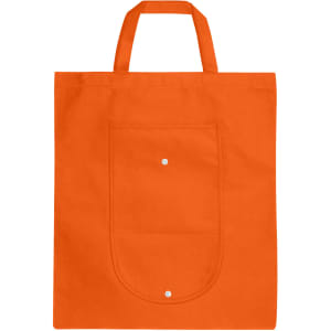 An orange foldable non-woven shopping bag with two handles and a front pocket. It features a logo.