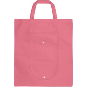 A pink foldable non-woven shopping bag with a front pocket and two handles. It features a small logo.
