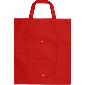 A foldable red non-woven shopping bag with two handles and a front pocket, featuring a logo.